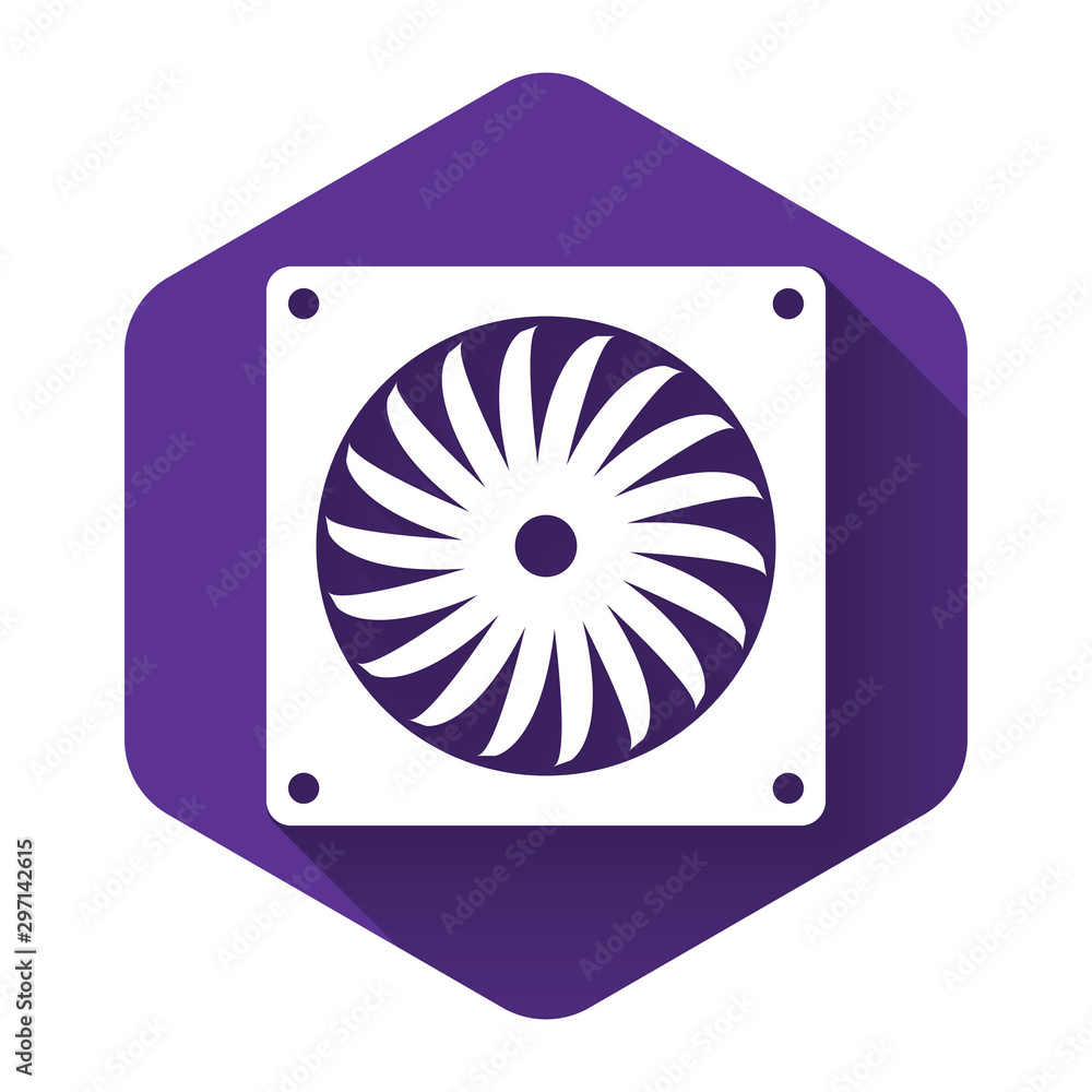 Poster white computer cooler icon isolated with long shadow. pc hardware fan. purple hexagon button. vector