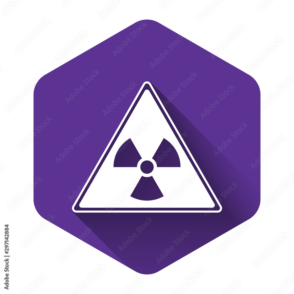 Poster white triangle sign with radiation symbol icon isolated with long shadow. purple hexagon button. vec