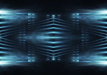 Fototapeta premium Dark abstract futuristic background. Neon lines glow. Neon lines, shapes. blue glow. Empty Stage Background