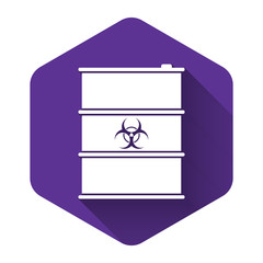 White Biological hazard or biohazard barrel icon with long shadow. Radioactive garbage emissions, environmental pollution, danger of ecological disaster. Purple hexagon button. Vector Illustration