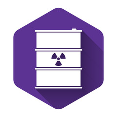 White Radioactive waste in barrel icon isolated with long shadow. Radioactive garbage emissions, environmental pollution, danger of ecological disaster. Purple hexagon button. Vector Illustration