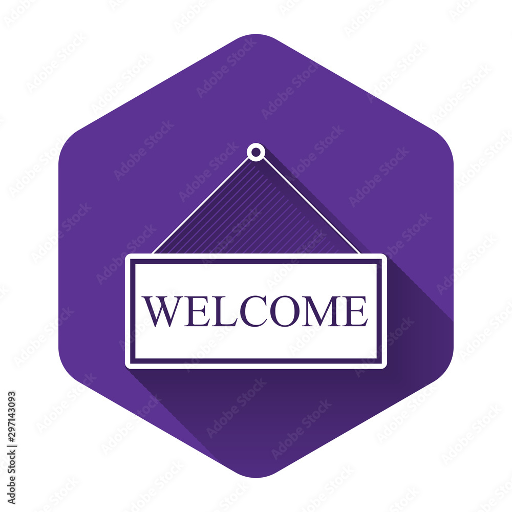 Poster white hanging sign with text welcome icon isolated with long shadow. business theme for cafe or rest