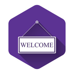 White Hanging sign with text Welcome icon isolated with long shadow. Business theme for cafe or restaurant. Purple hexagon button. Vector Illustration