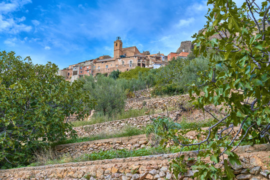 Landscape view of the town of Ayna from the bottom of the mundo river valley, Albacete province, Castilla la Mancha, Spain	