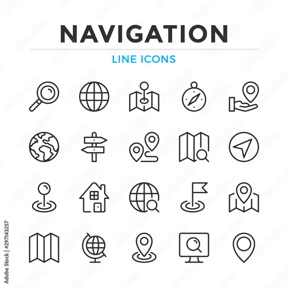 Poster navigation line icons set. modern outline elements, graphic design concepts, simple symbols collecti