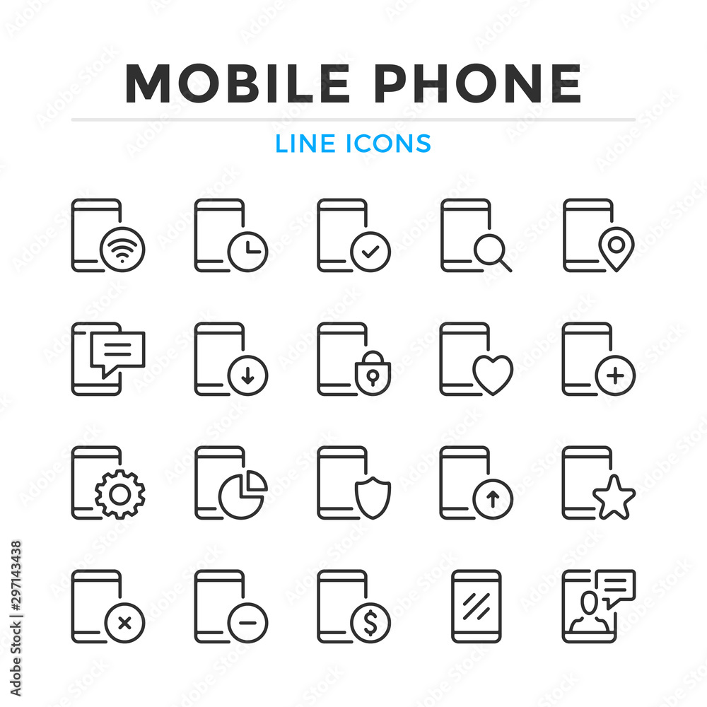Poster mobile phone line icons set. modern outline elements, graphic design concepts, simple symbols collec