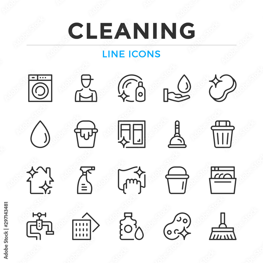 Poster cleaning line icons set. modern outline elements, graphic design concepts, simple symbols collection
