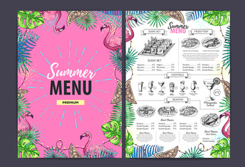 Restaurant summer menu design with tropic leaves and cocktails. Fast food menu