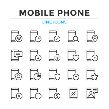 Mobile phone line icons set. Modern outline elements, graphic design concepts, simple symbols collection. Vector line icons