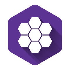 White Honeycomb sign icon isolated with long shadow. Honey cells symbol. Sweet natural food. Purple hexagon button. Vector Illustration