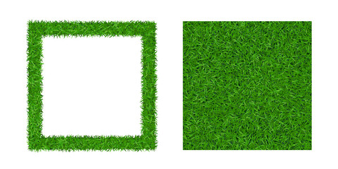 Green grass background 3D set. Lawn greenery nature seamless pattern. Abstract soccer field texture frame square. Ground landscape pattern. Grassy design. Beautiful grow meadow. Vector illustration