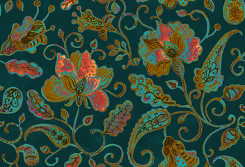 Paisley watercolor floral pattern tile:  flowers, flores, tulips, leaves. Oriental indian traditional hand painted water color whimsical seamless print, ceramic design. Abstract india batik background