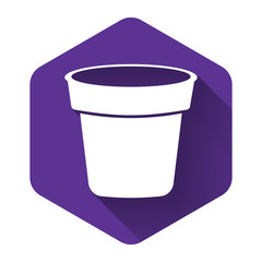White Flower pot icon isolated with long shadow. Purple hexagon button. Vector Illustration