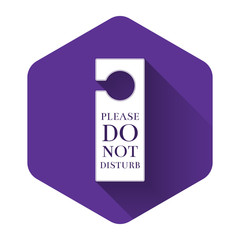 White Please do not disturb icon isolated with long shadow. Hotel Door Hanger Tags. Purple hexagon button. Vector Illustration