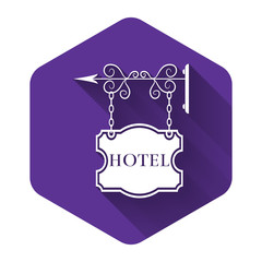 White Vintage signboard outdoor advertising with text Hotel icon isolated with long shadow. Purple hexagon button. Vector Illustration