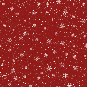 Snowflakes seamless pattern. Christmas red background. Snowfall repeat backdrop. Winter snow flake falling flat design. Snowy simple chaotic texture. Blizzard sky template Vector illustration