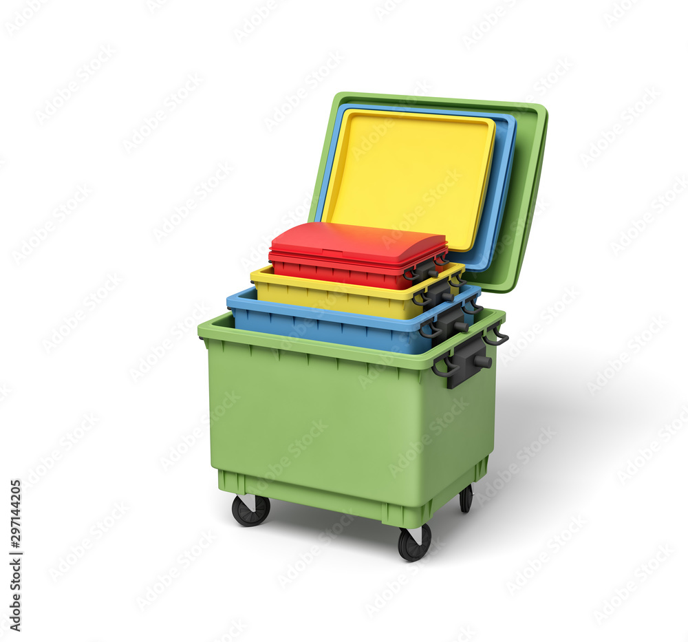 Poster 3d rendering of four nested colorful trash bins