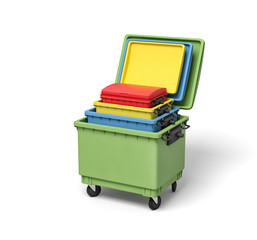 3d rendering of four nested colorful trash bins