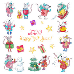 Naklejka premium Big watercolor set of Christmas rats