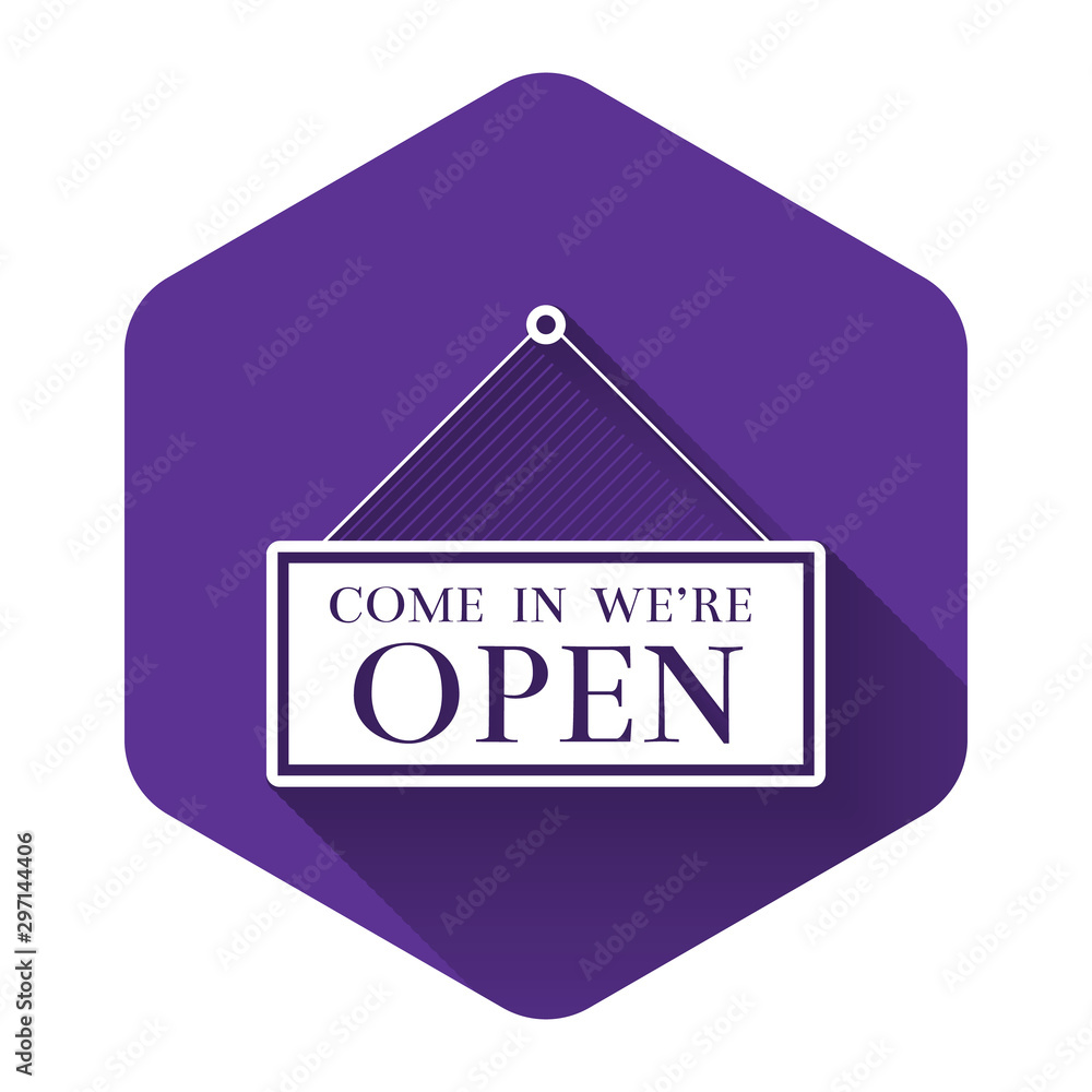 Aufkleber white hanging sign with text come in we're open icon isolated with long shadow. business theme for c