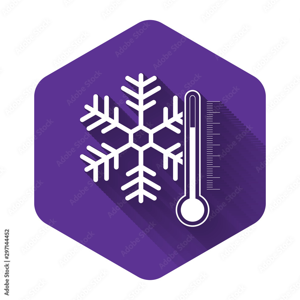 Poster white thermometer with snowflake icon isolated with long shadow. purple hexagon button. vector illus