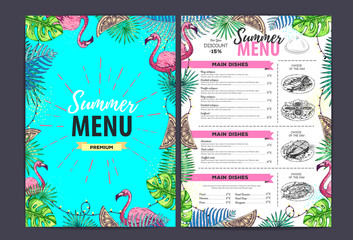 Naklejka premium Restaurant summer menu design with tropic leaves. Fast food menu