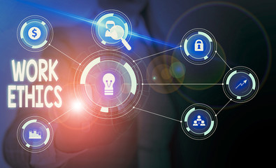 Text sign showing Work Ethics. Business photo showcasing A set of values centered on the importance of doing work Woman wear formal work suit presenting presentation using smart device