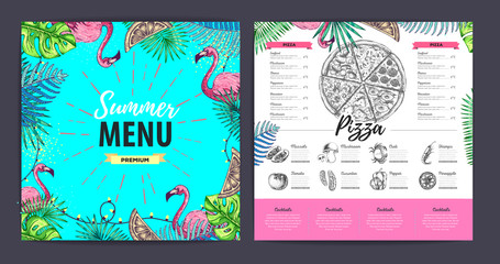 Restaurant summer pizza menu design with tropic leaves. Fast food menu