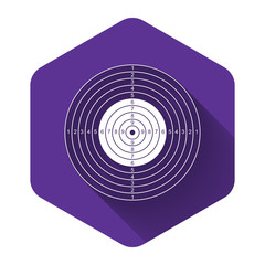 White Target sport for shooting competition icon isolated with long shadow. Clean target with numbers for shooting range or pistol shooting. Purple hexagon button. Vector Illustration