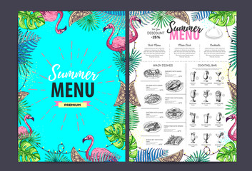 Restaurant summer menu design with tropic leaves and cocktails. Fast food menu