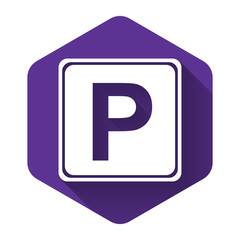 White Parking sign icon isolated with long shadow. Street road sign. Purple hexagon button. Vector Illustration