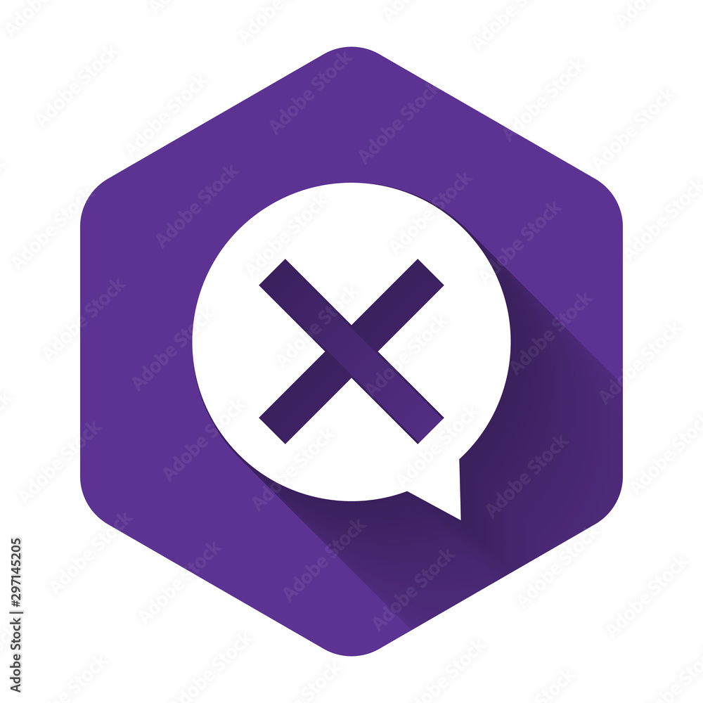 Poster white x mark, cross in circle icon isolated with long shadow. check cross mark icon. purple hexagon 