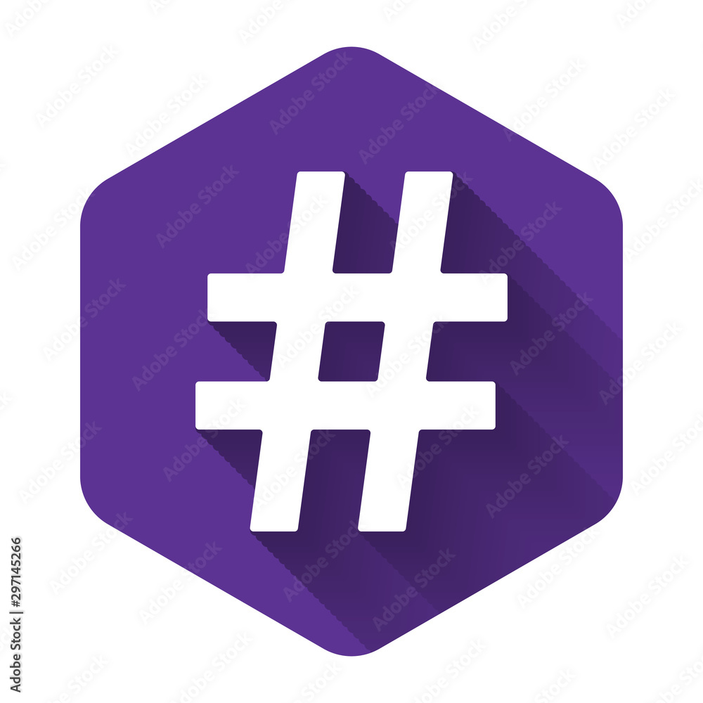 Poster white hashtag icon isolated with long shadow. social media symbol. modern ui website navigation. pur