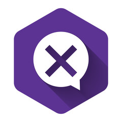 Fototapeta premium White X Mark, Cross in circle icon isolated with long shadow. Check cross mark icon. Purple hexagon button. Vector Illustration