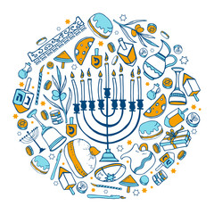 Round composition with Hanukkah objects and food. Hand drawn outline vector sketch illustration