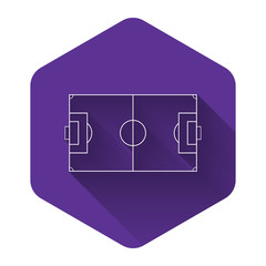 White Football field or soccer field icon isolated with long shadow. Purple hexagon button. Vector Illustration © mingirov