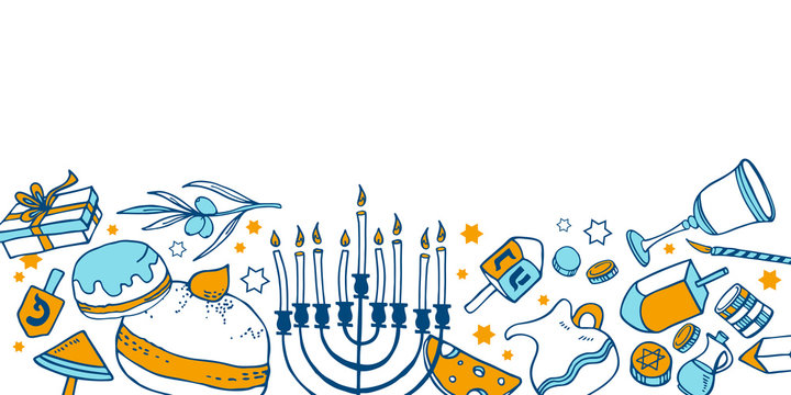 Composition with traditional Hanukkah objects on the bottom of the page. Hand drawn outline vector sketch illustration