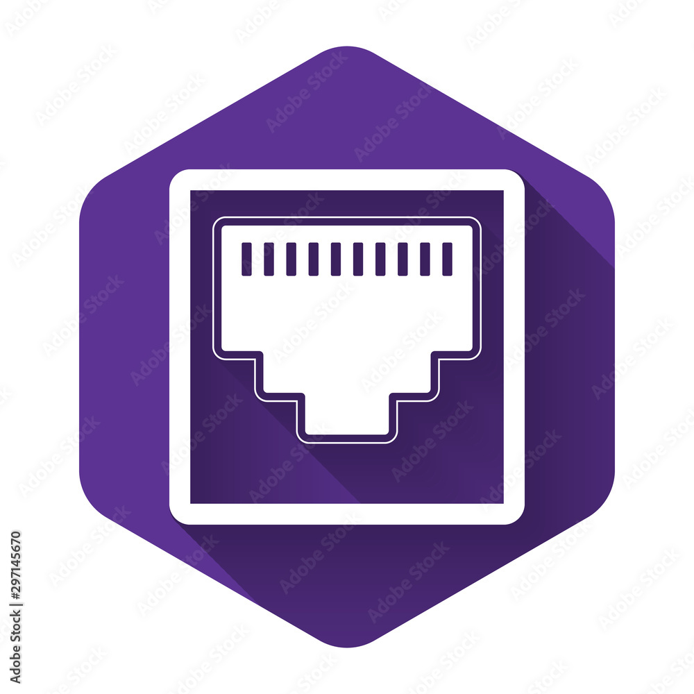Poster white network port - cable socket icon isolated with long shadow. lan port icon. ethernet simple ico