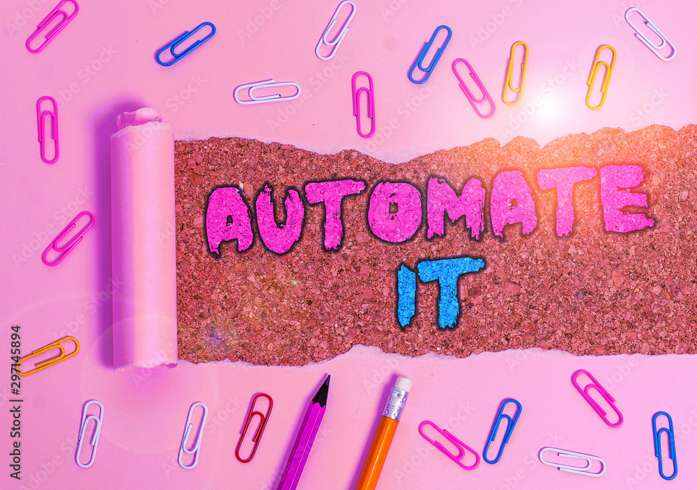 Poster writing note showing automate it. business concept for convert process or facility to be operated au