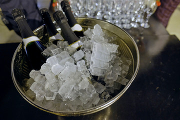 Fototapeta na wymiar Bottle of champagne in bucket of ice. Bar counter.
