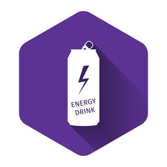White Energy drink icon isolated with long shadow. Purple hexagon button. Vector Illustration