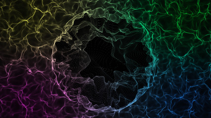 Space-time portal. Abstract red grid wormhole. Futuristic 3d portal. Cosmic wormhole. Funnel-shaped tunnel. Spiral Technology. 3d rendering.