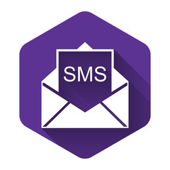 White Envelope icon isolated with long shadow. Received message concept. New, email incoming message, sms. Mail delivery service. Purple hexagon button. Vector Illustration