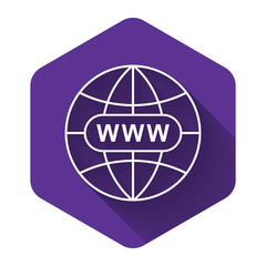 White Go To Web icon isolated with long shadow. Www icon. Website pictogram. World wide web symbol. Internet symbol for your web site design, app, UI. Purple hexagon button. Vector Illustration