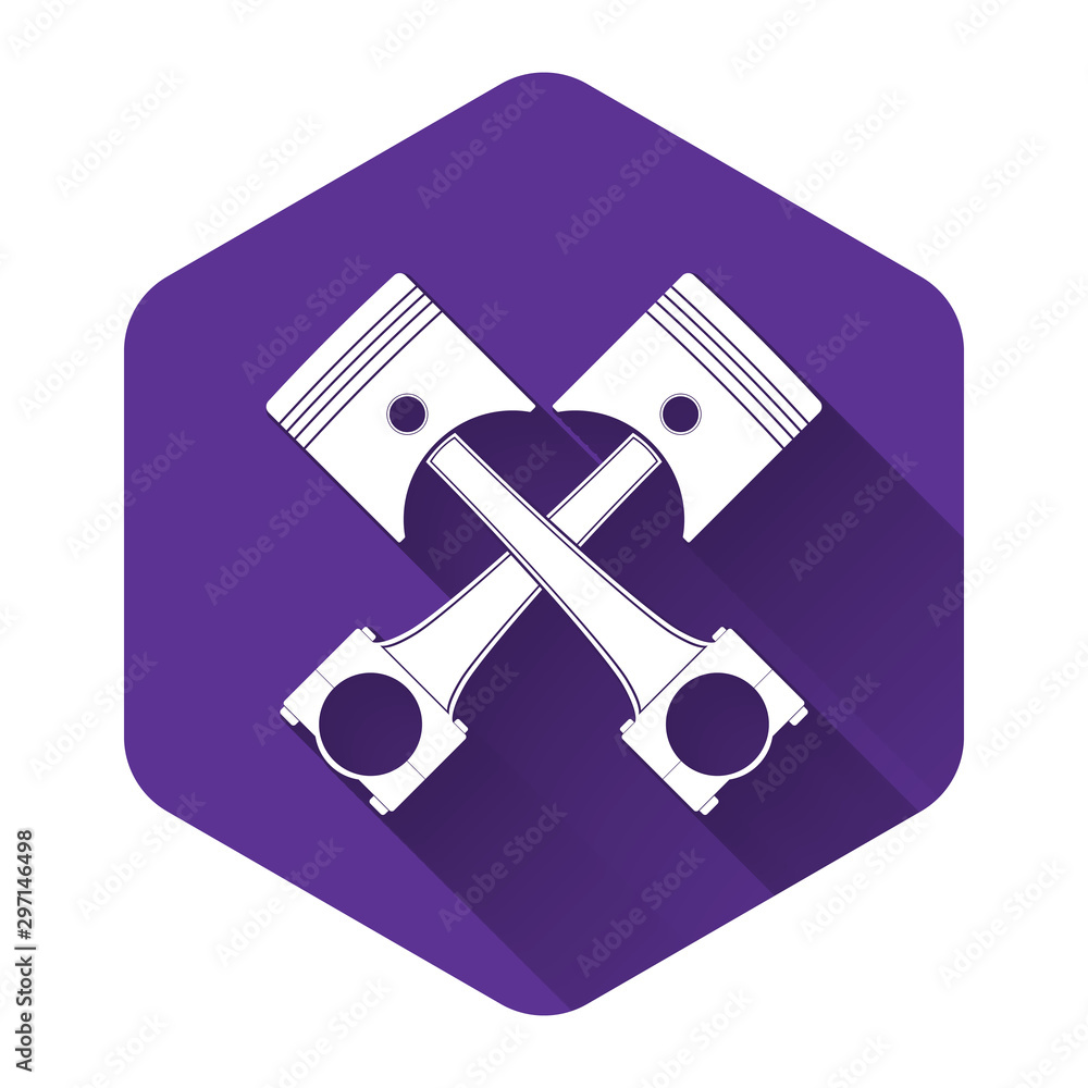 Poster white two crossed engine pistons icon isolated with long shadow. purple hexagon button. vector illus