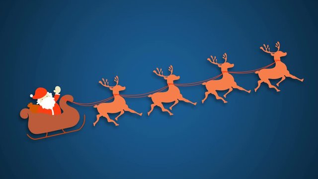 Cute Cartoon Santa Claus flying with deer. Animation  Seamless Loop.