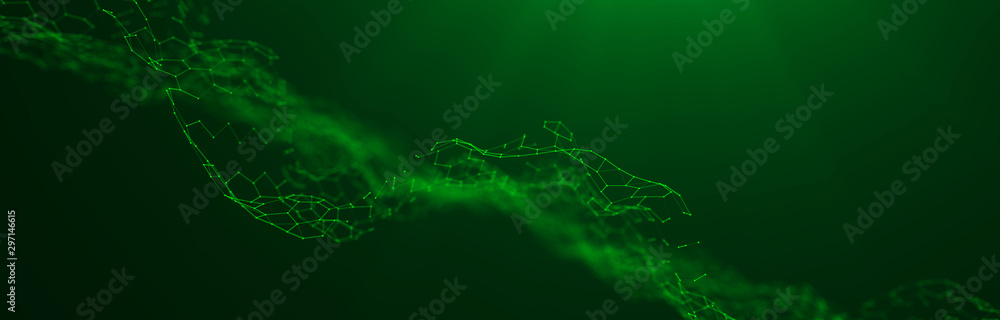 Poster wave 3d. wave of particles. abstract green geometric background. big data visualization. 3d renderin