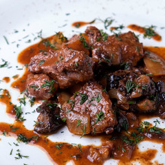 Braised beef. Braised beef meat stew. Closeup