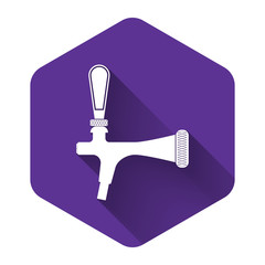 White Beer tap icon isolated with long shadow. Purple hexagon button. Vector Illustration