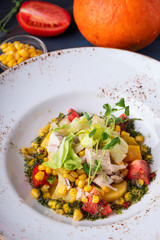Healthy salad  with chicken fillet, corn,  tomatoes and baked pumpkin. Closeup